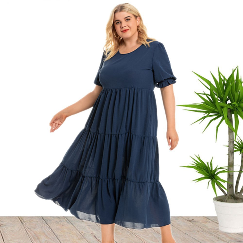 Plus Size Summer round Neck Girls Bohemian Women Clothes Short Sleeve Dress