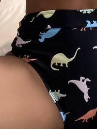 Swimwear Black V neck Cartoon Dinosaur Printed V neck High Waist Sexy Bikini Swimsuit