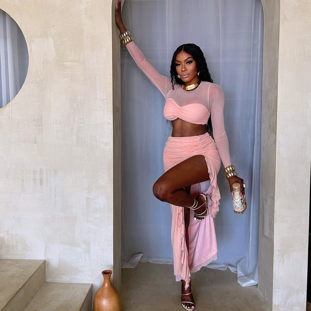 Women Clothing Hollow Out Cutout out Cropped Mesh See through Double Layer Lining Covering Long Sleeve Dress Two Piece Set