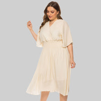 Plus Size Summer Women Clothing Solid Color V-neck Waist-Controlled Flying Sleeves Dress