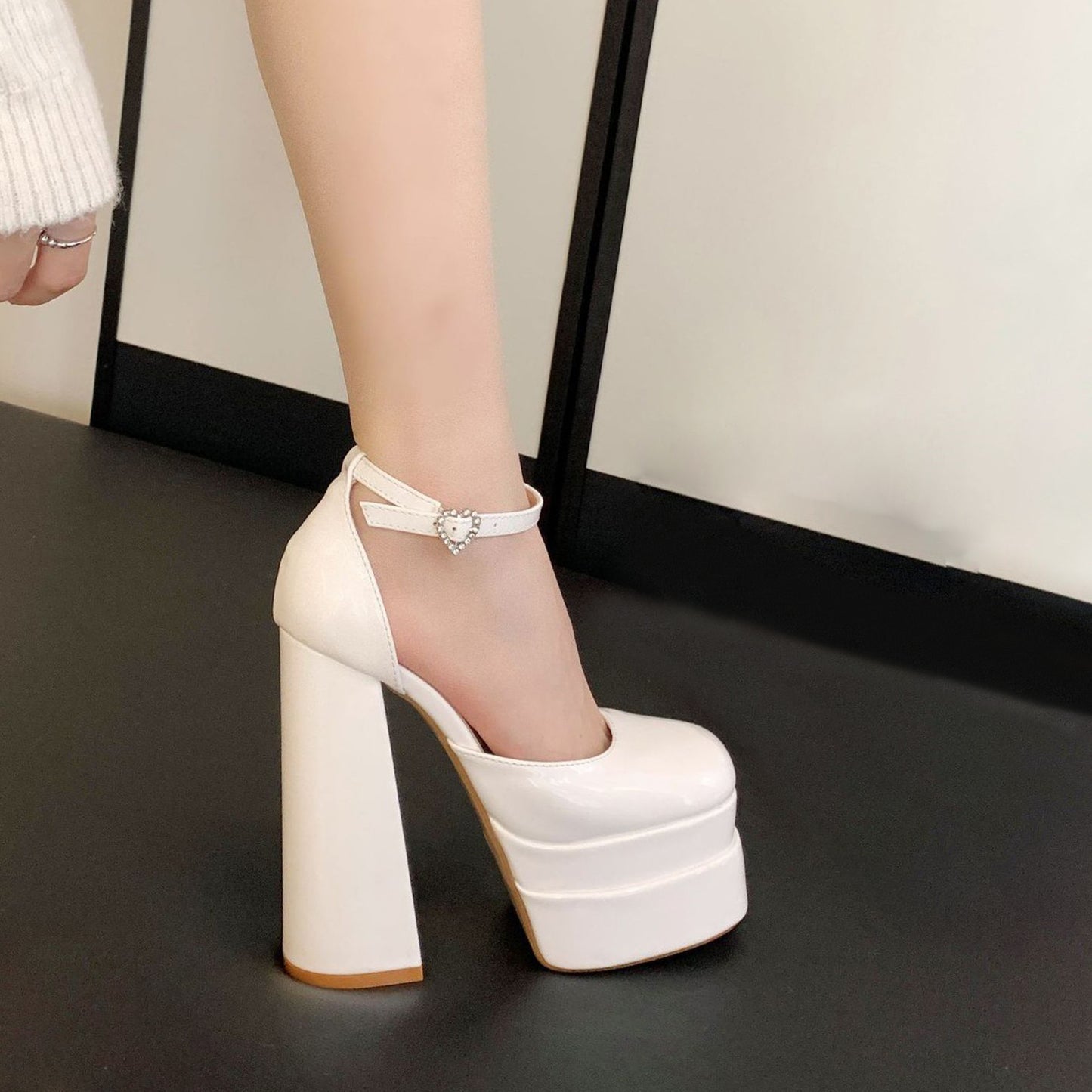 Patent Leather Surface Heart Shaped Rhinestone 14.5cm Double Waterproof Platform Strap High Heel Platform Shoes Women Heels