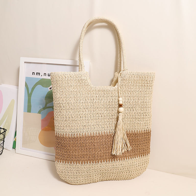 Woven Two Tone Tassel Woven Bag Shoulder Bag Casual Straw Bag Casual Women Bag Beach Bag