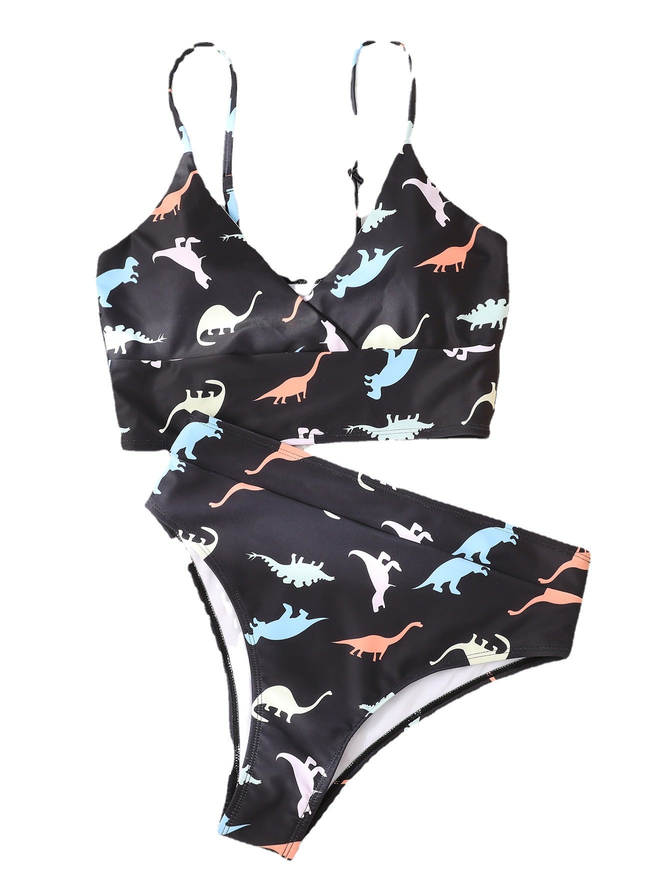 Swimwear Black V neck Cartoon Dinosaur Printed V neck High Waist Sexy Bikini Swimsuit