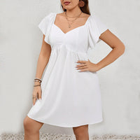 Plus Size Women Square Collar Ruffle Sleeve Backless Strap Casual Holiday Solid Color Dress