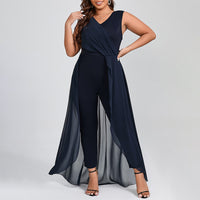 Summer Solid Color V neck Sleeveless Casual Jumpsuit Women