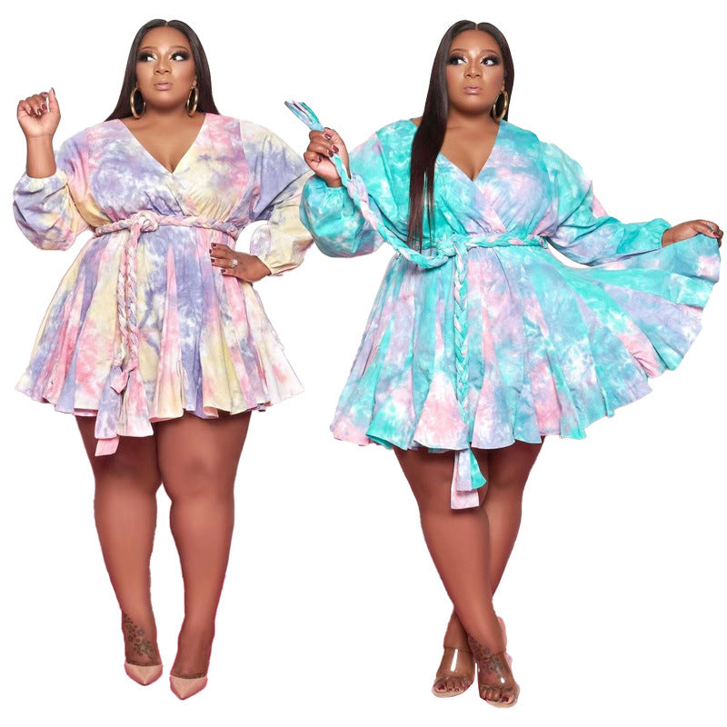 Plus Size Printed V-neck Sexy Woven Large Swing Dress with Belt Women Dress
