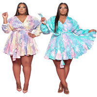 Plus Size Printed V-neck Sexy Woven Large Swing Dress with Belt Women Dress