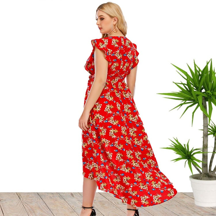 Plus Size Summer Women Clothes V-neck Printed Dress Beach Dress