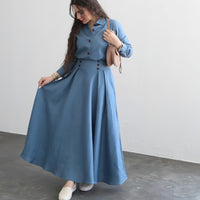 Women Clothing Autumn Linen Solid Color Loose Long Sleeves Skirt Two Piece Set