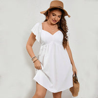 Plus Size Women Square Collar Ruffle Sleeve Backless Strap Casual Holiday Solid Color Dress