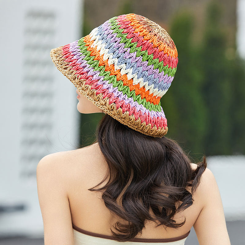 Women Colorful Woven Straw Hat Spring Summer Hollow Out Cutout out Bucket Hat Breathable Face Looking Small Bucket Hat Bucket Hat Sun Protection Hat