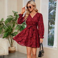 Lace Cocktail Party V Neck Wedding Guest Dress Long Sleeve Waist Belt Dress