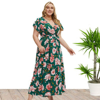Plus Size Women Clothes Summer Short Sleeve Floral Print Slit Dress