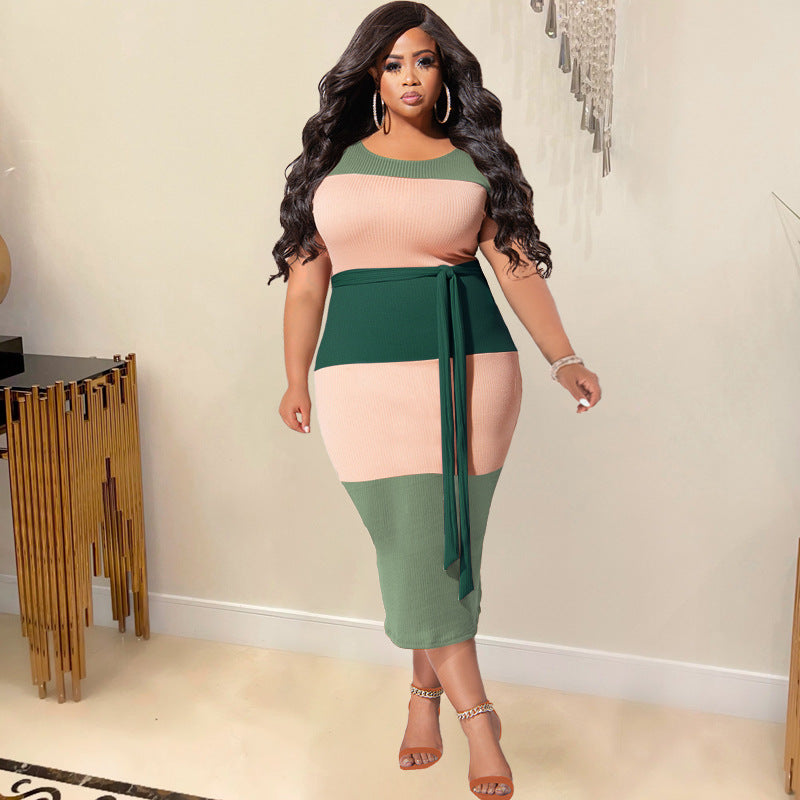 Plus Size Thread Stitching Contrast Color Tight Women Dress