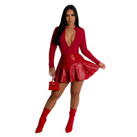 Women Wear Long Sleeve Jumpsuit Leather Skirt Autumn Winter Two Piece Set