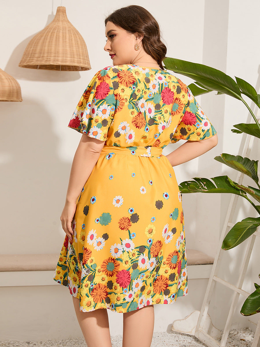 Plus Size Ladies V-neck Short-Sleeved Lace Printing Casual Holiday Mid-Length Dress