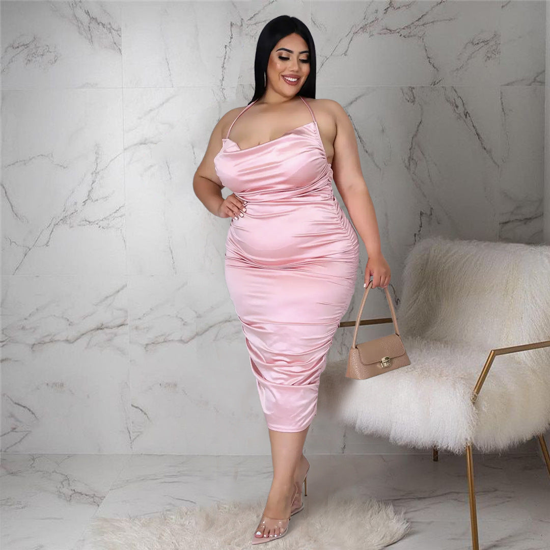 Plus Size Women Nightclub Halter Lace-up Pleated Zipper Glossy Dress