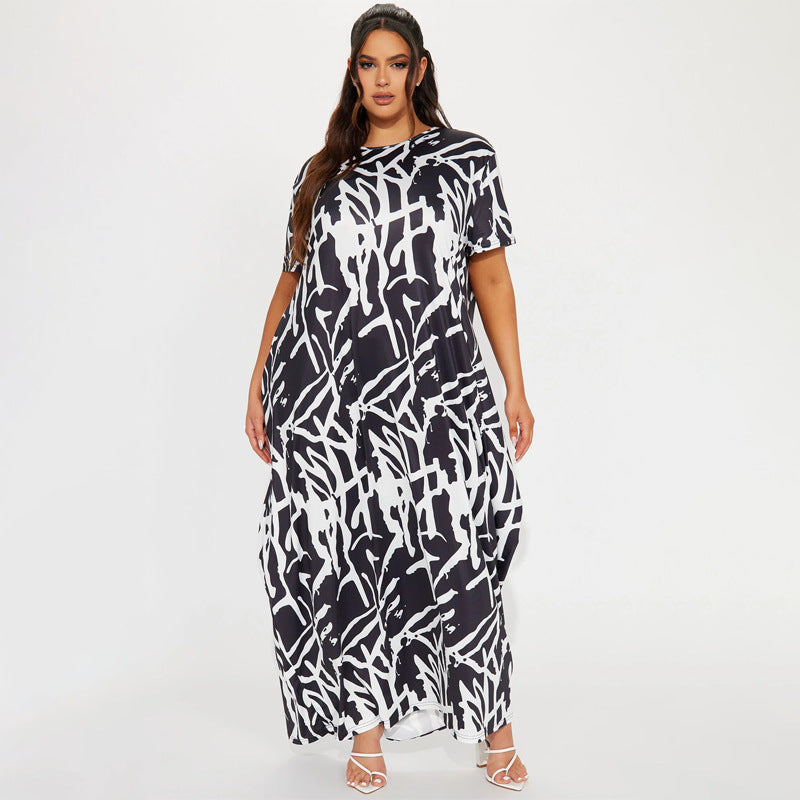 Plus Size Maxi Dress Abstract Print Black White Comfortable Casual Loose Dress
