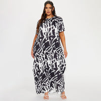 Plus Size Maxi Dress Abstract Print Black White Comfortable Casual Loose Dress