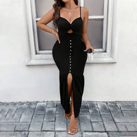 Plus Size Women Sexy Strap Button Backless Slit Sheath Dress