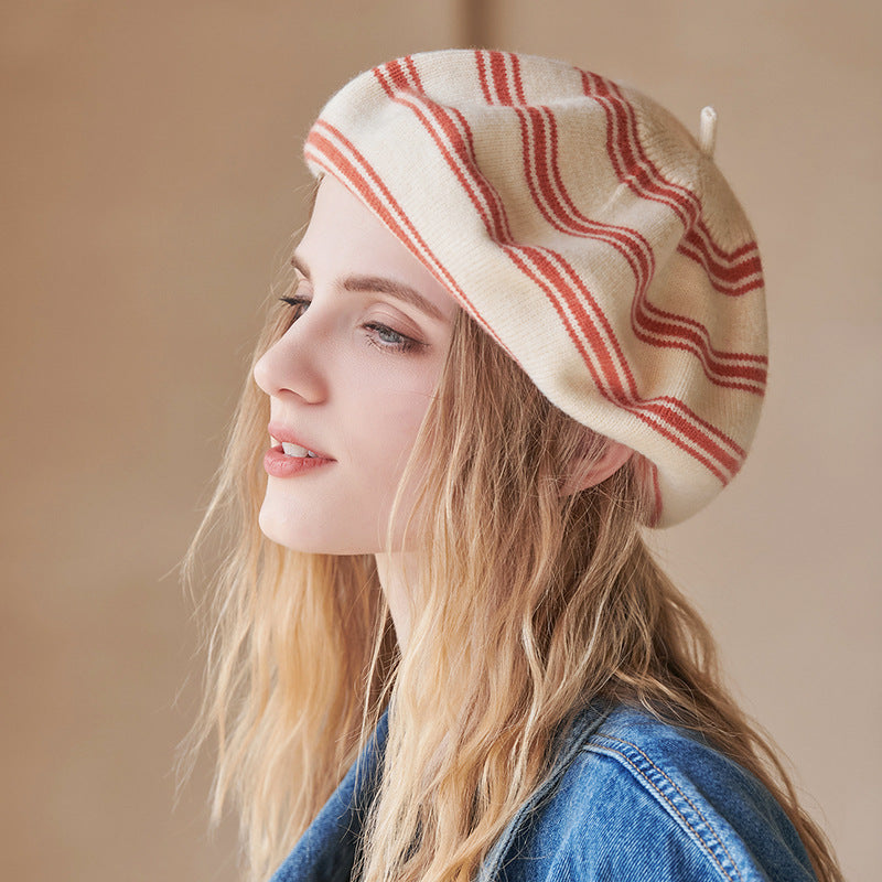 Mixed Color Stripe Beret Autumn Winter Big Brim Trendy Casual Girl Cap Wool