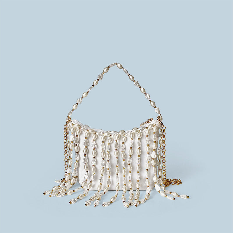 Chinese Bag Vintage Weave Beaded Irregular Asymmetric Pearl Bucket Silk Satin Dumpling Cocktail Underarm Crossbody Bag