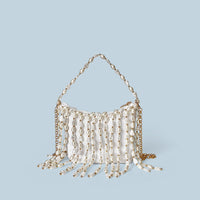Chinese Bag Vintage Weave Beaded Irregular Asymmetric Pearl Bucket Silk Satin Dumpling Cocktail Underarm Crossbody Bag