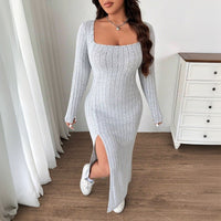 Plus Size Autumn Winter Women Simple Casual Dress Slim Fit Slit Midi Dress