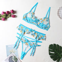 Sexy See-through Mesh Embroidered Printed Garter Three Piece Set Sexy Suit