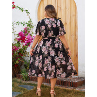 Plus Size V neck Dress Summer Floating Sleeve Tight Waist Floral Large Swing Dress