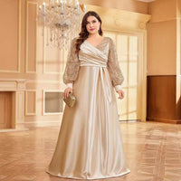 Plus Size Clothes Satin V neck Long-Sleeve Dress Slim Fit Maxi Dress Sequin Cocktail Evening Dress for Women