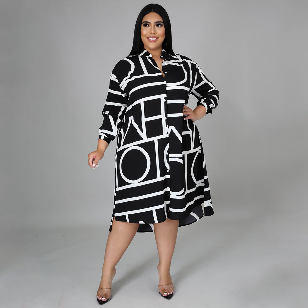 Plus Size Printing Pleating Waist Shirt Dress for Women