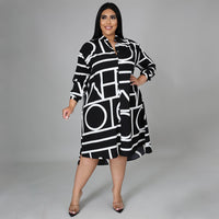 Plus Size Printing Pleating Waist Shirt Dress for Women