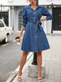 Retro Waist Controlled Slimming Long Sleeve Denim Dress Women Belted Button