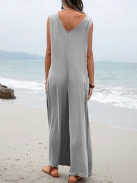 Summer Popular Solid Color Stickers Bags Jumpsuit V neck Suspender Pants Wide Leg Trousers for Women