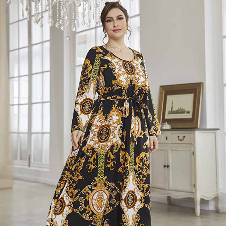 Plus Size Printed Pullover Office Maxi Dress Women With Belted