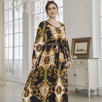 Plus Size Printed Pullover Office Maxi Dress Women With Belted