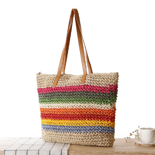 Rainbow Contrast Striped One-Shoulder Straw Bag Beach Bag Mori Women Bag Casual Bag