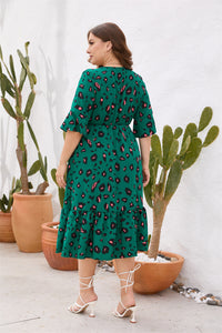 Plus Size Women's Clothing Summer V Neck Short Sleeve Ruffled Elastic Waist Dress Midi Dress