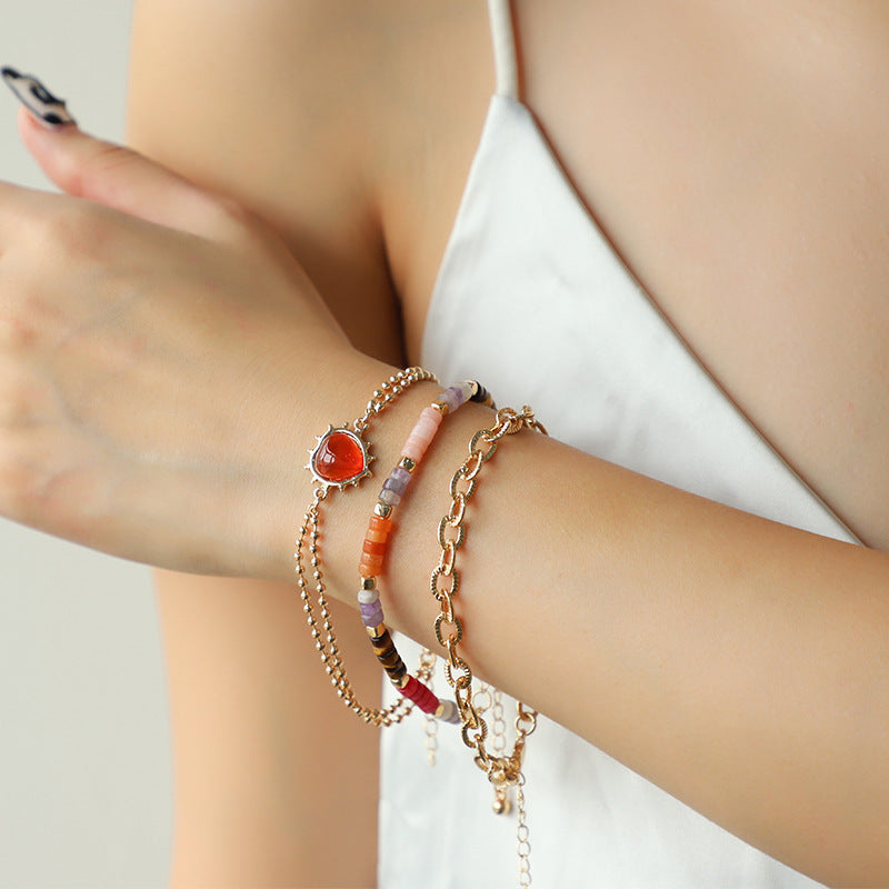 Original Elegant Heart Peach Semi Precious Stone Three Rows Twin Bracelet Necklace