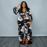 Plus Size Women Clothing Spring Bubble Sleeve Printed Jumpsuit