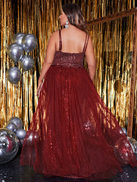 Plus Size Sequin Sling Double Shoulder Strap Sleeveless Mesh Stitching Prom Evening Dress