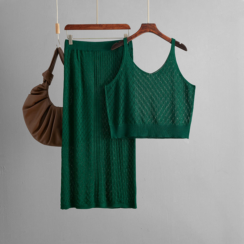 Summer Hollow Out Cutout out Short Spaghetti Straps Knitted Skirt Two Piece Set