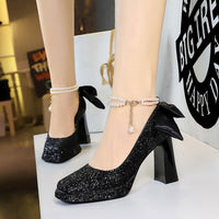French Bow Pearl Chain Ankle-Strap High Heels Square Head Waterproof Platform Thick Heel Sequined Shoes