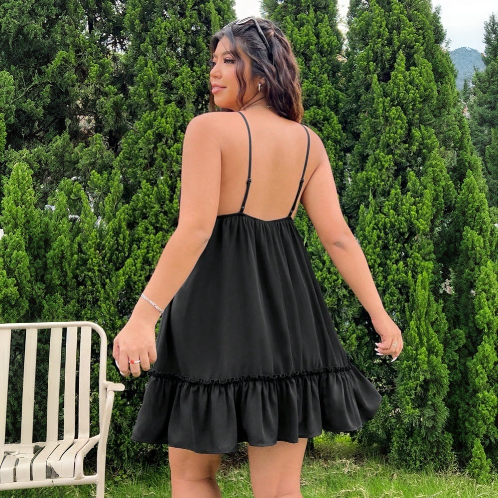 Plus Size Women Sexy Sling Dress Spring Summer High Waist Ruched Mid Length