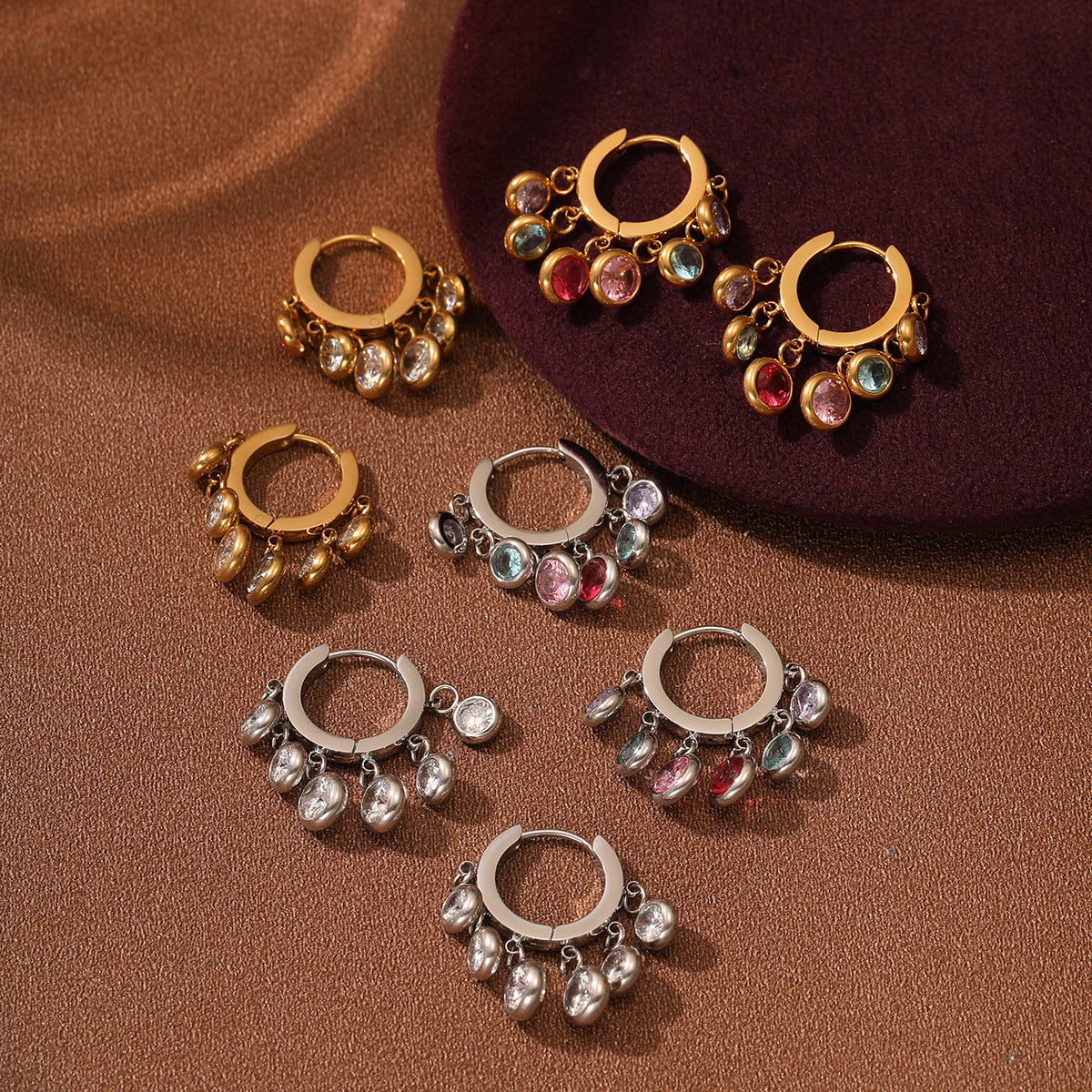 18K Vacuum Gold Plated round Diamond Stainless Steel Earrings for Women Affordable Luxury Colorful Crystals Titanium Steel Earrings Women