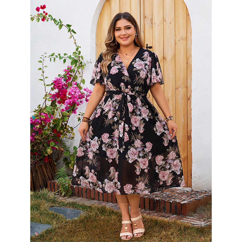 Plus Size V neck Dress Summer Floating Sleeve Tight Waist Floral Large Swing Dress