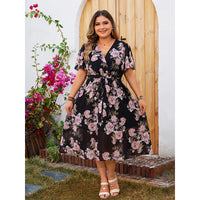 Plus Size V neck Dress Summer Floating Sleeve Tight Waist Floral Large Swing Dress