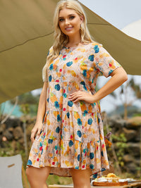 Plus Size Summer Casual round Neck Short Sleeves Printed Multi-Layer Stitching Big Swing Dress Dress
