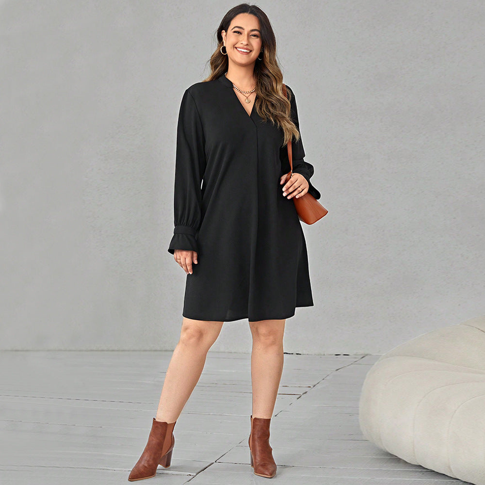 Plus Size Women Clothes Autumn Winter V Neck Solid Color Long Sleeve Loose Casual Dress